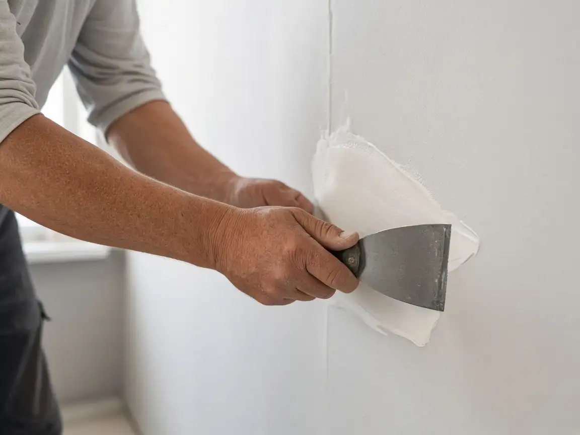 Hands smoothing joint compound over a drywall seam