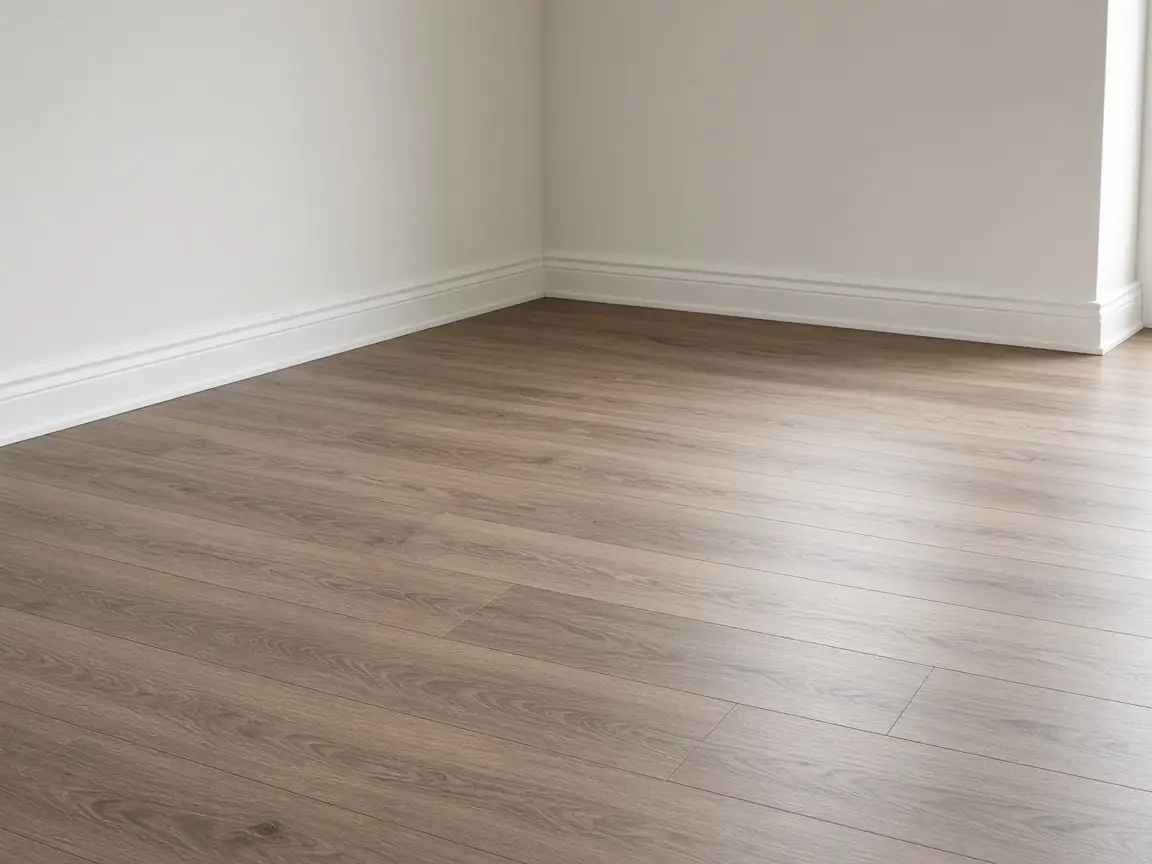 Brown laminate floor meeting a wall and baseboard