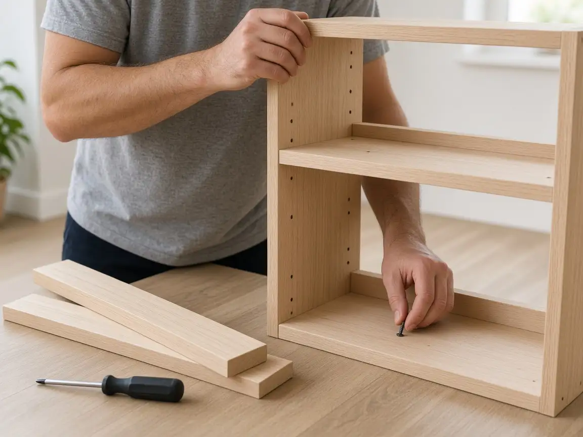 Hands assembling a light wood bookshelf