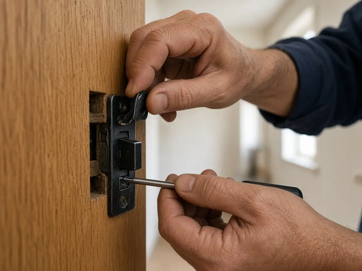 Hands repairing the latch on a wooden interior door