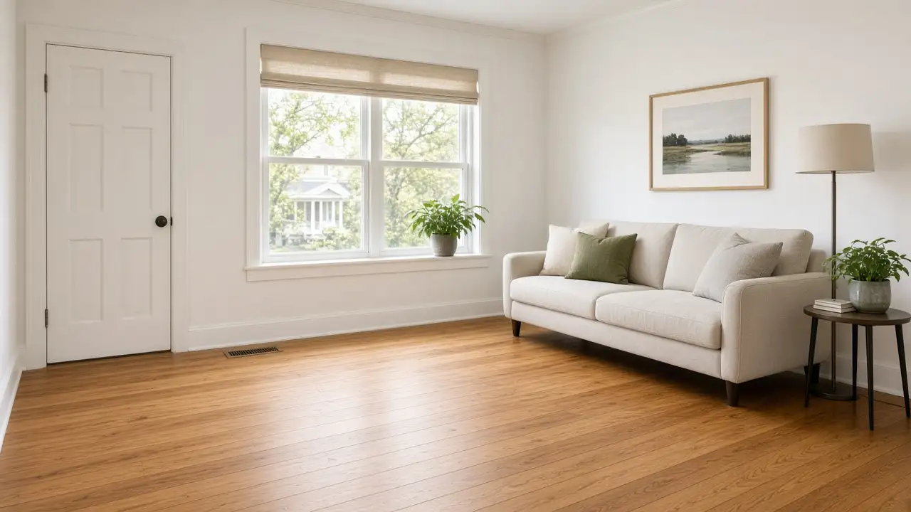 Living room with a hardwood floor and daylight from a front window