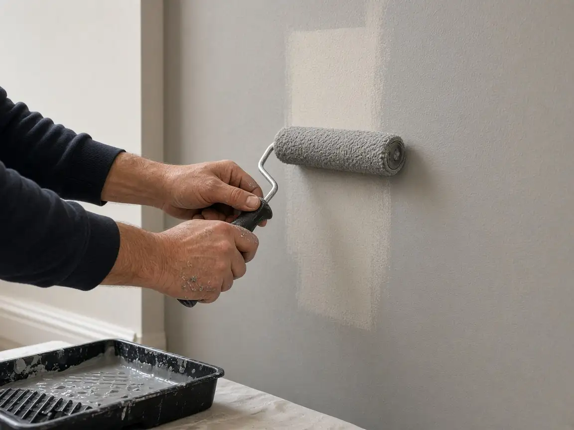 Hands rolling paint onto an interior wall