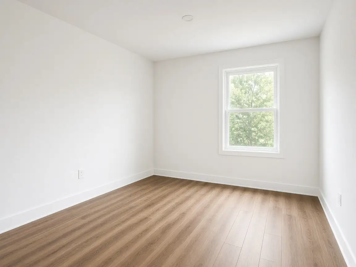 Empty rental bedroom with white walls and a wood-look floor